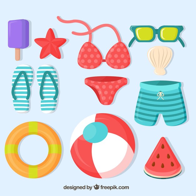 Pack veraniego de artículos de color en diseño plano