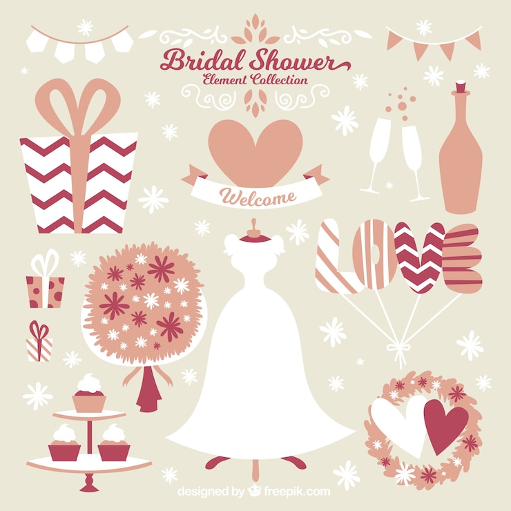 Vector gratuito pack de vestido de novia y elementos decorativos de despedida de soltera