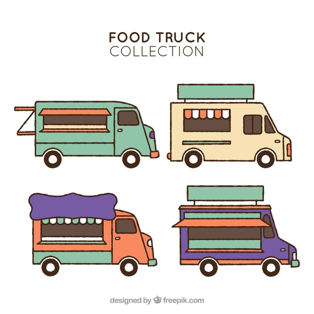 Pack vintage de food trucks dibujadas a mano