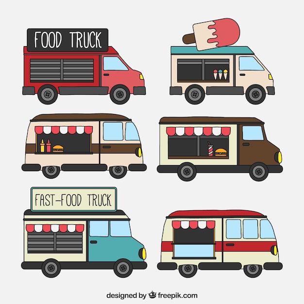 Pack vintage de food trucks dibujadas a mano