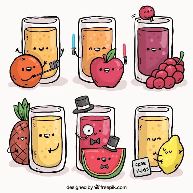 Vector gratuito pack de zumos y frutas sonrientes