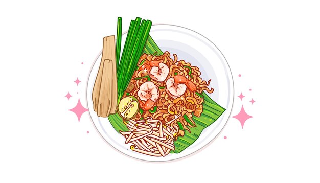 Pad thai camarones comida asiática tradicional menú logo doodle dibujado a mano ilustración de arte de dibujos animados