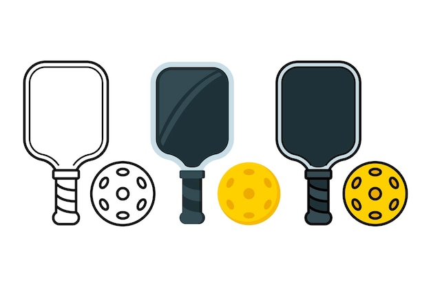 Paddle y bola de pickleball colocados planos y con contornos