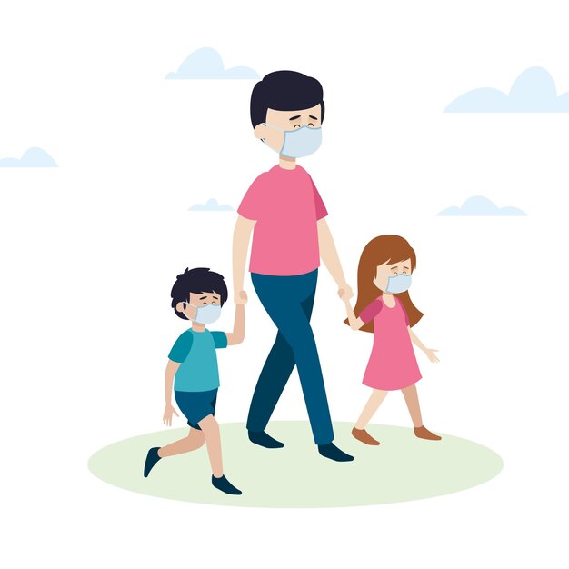 Padre caminando niños con máscaras médicas