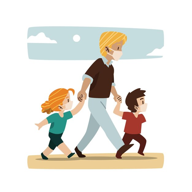 Padre caminando con sus hijos con máscaras médicas