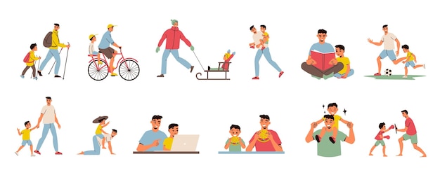 Vector gratuito padre día papá hijo icono conjunto padre e hijo pasan tiempo juntos ilustración vectorial