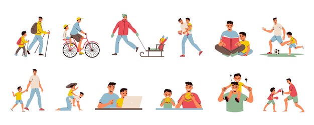 Padre día papá hijo icono conjunto padre e hijo pasan tiempo juntos ilustración vectorial