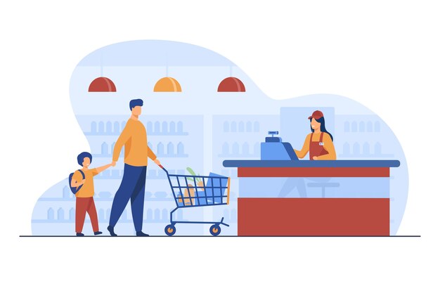 Padre e hijo comprando comida en el supermercado. Cajero, carro, tienda ilustración vectorial plana. Concepto de tienda de abarrotes y compras