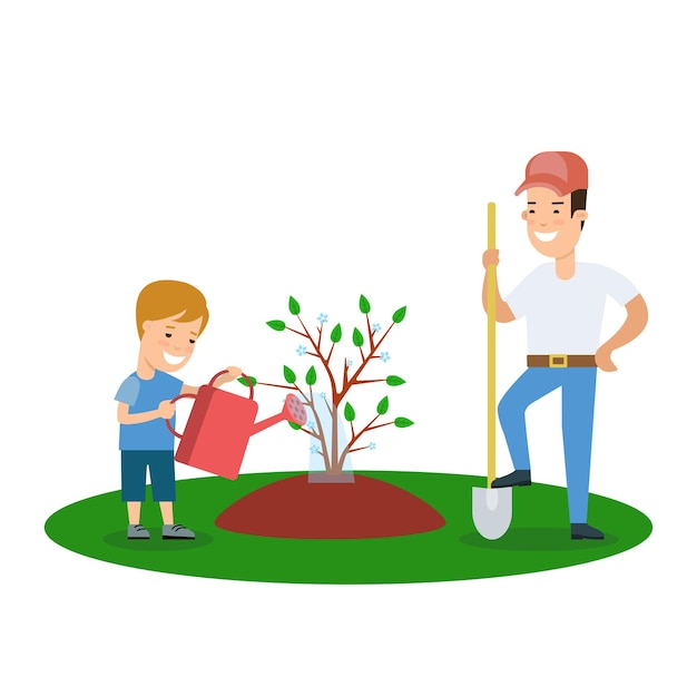 Padre e hijo planos que crecen una ilustración de personajes de vector de estilo de vida de ocio de árbol niños de familia