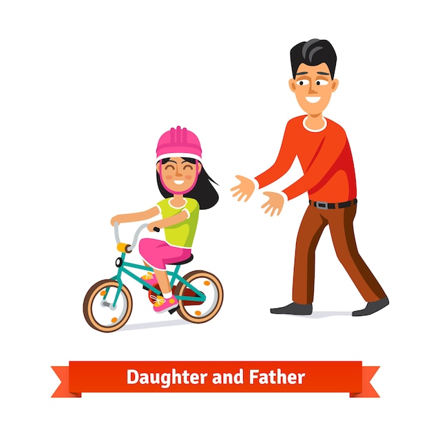 Vector gratuito padre, enseñanza, hija, andar, bicicleta