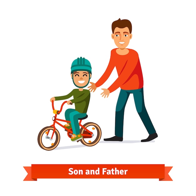 Vector gratuito padre, enseñanza, hijo, andar, bicicleta