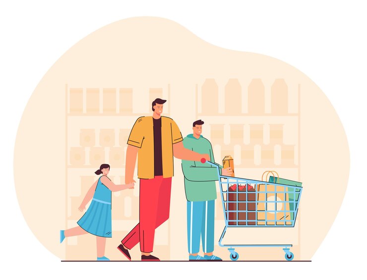 Vector gratuito padre feliz con niños comprando productos en supermercado ilustración plana
