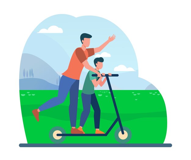Padre joven montando en scooter eléctrico con su hijo. Familia, paisaje, parque ilustración vectorial plana. Actividad y vacaciones de verano