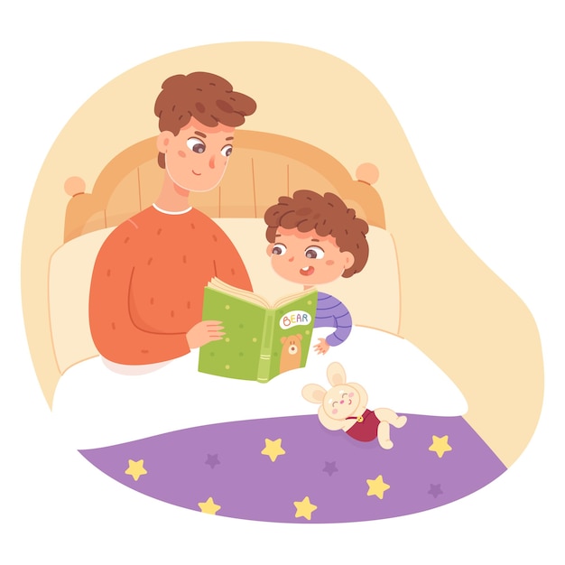 Padre leyendo un libro a su hijo en la cama en casa hombre pasando tiempo junto con una familia de niños pequeños sentados en la noche interior vector gratuito