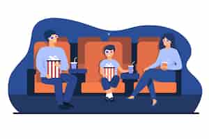 Vector gratuito padre, madre e hijo en gafas 3d sentados en sillas, sosteniendo cubos de palomitas de maíz y refrescos y viendo películas divertidas en el cine. ilustración de vector de tiempo libre familiar, concepto de entretenimiento