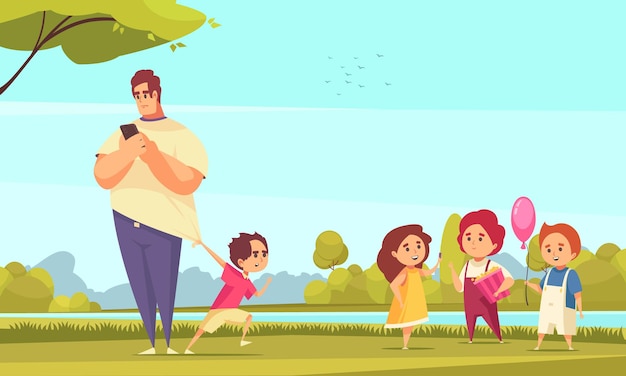 Vector gratuito padre mirando smartphone y niño arrastrándolo a caminar en el parque