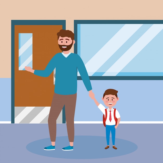 Vector gratuito padre con su niño estudiante con uniforme y mochila.