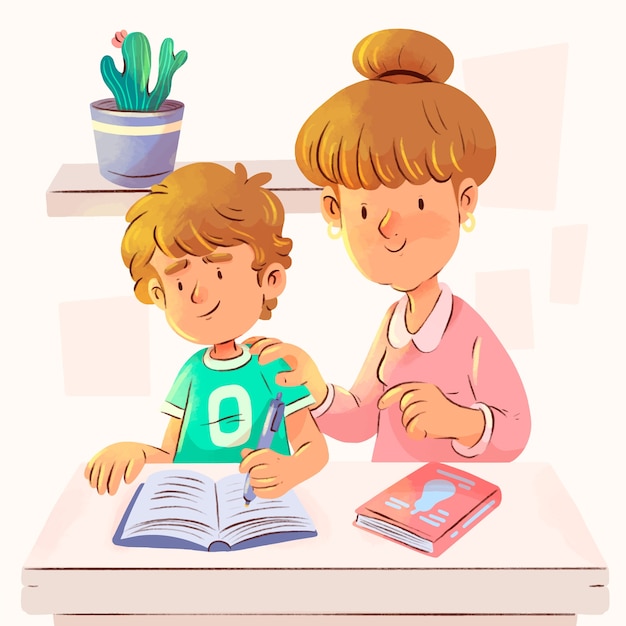 Vector gratuito padres de acuarela ayudando a los niños con la ilustración de la tarea