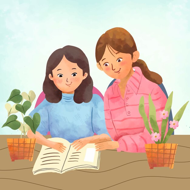 Padres de acuarela ayudando a los niños con la ilustración de la tarea