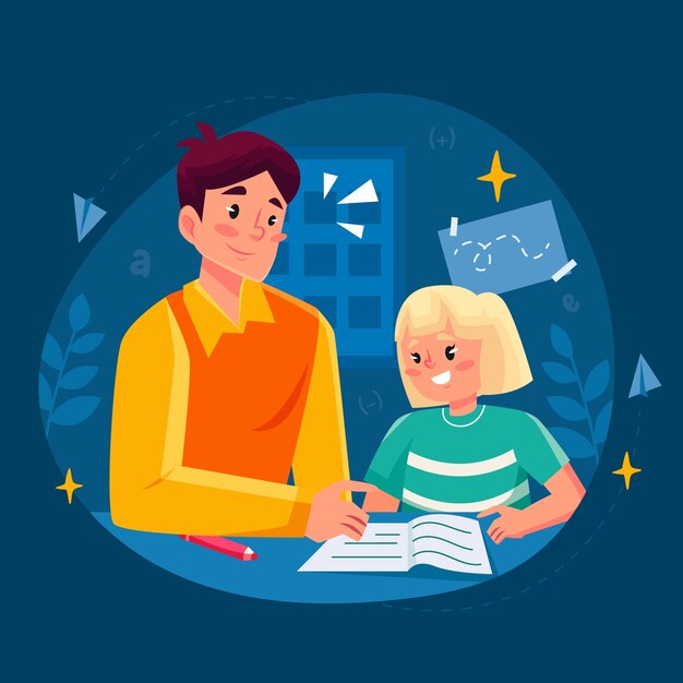 Padres ayudando a los niños con la ilustración de la tarea