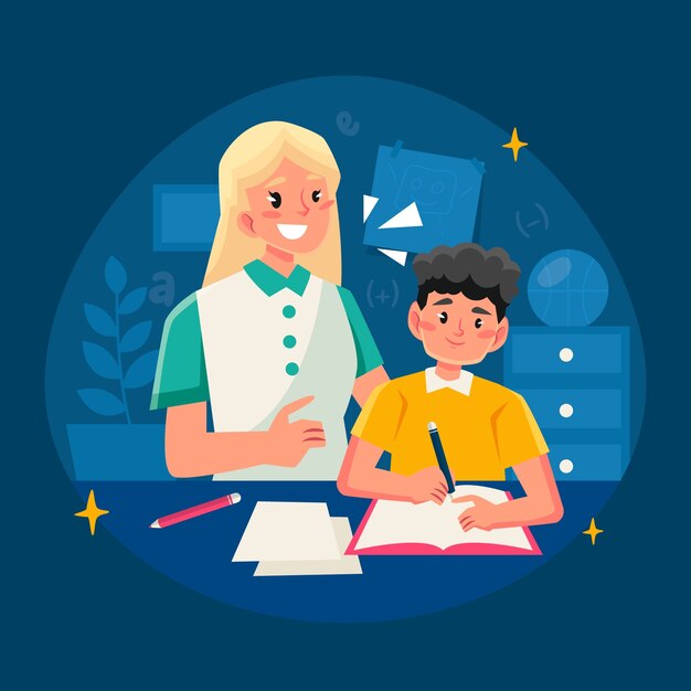 Padres ayudando a los niños con la ilustración de la tarea