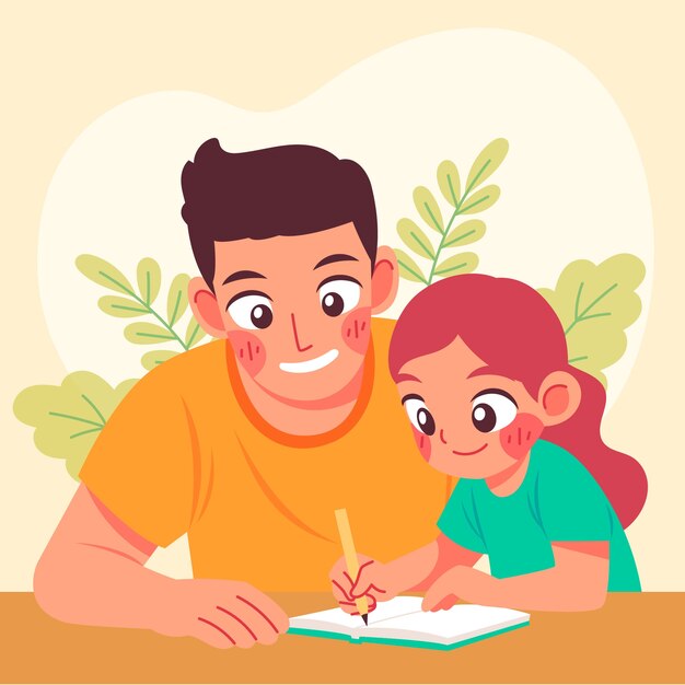 Padres ayudando a los niños con la ilustración de la tarea