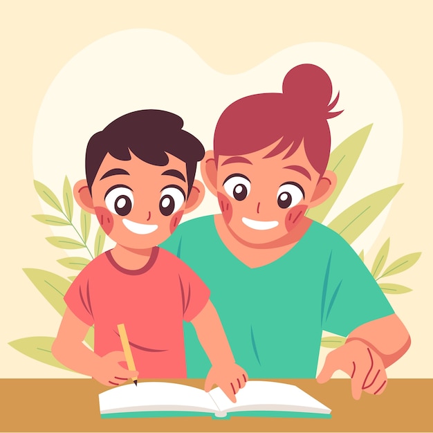 Padres ayudando a los niños con la ilustración de la tarea