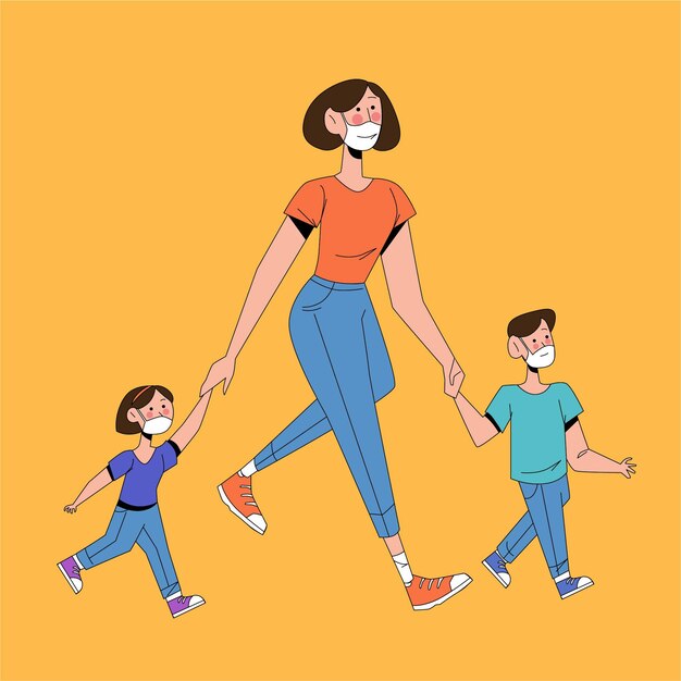 Padres caminando niños al aire libre con máscaras médicas