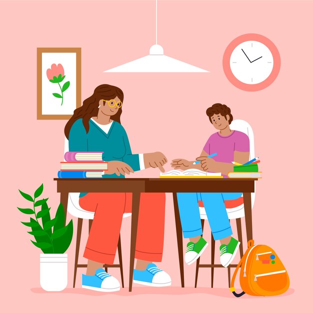 Padres dibujados a mano ayudando a los niños con la ilustración de la tarea