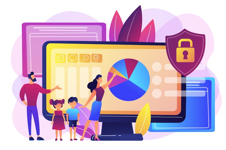 Vector gratuito padres con hijos que utilizan software de control de contenido. software de control parental, acceso restringido para niños, concepto de limitaciones de contenido multimedia. ilustración aislada violeta vibrante brillante
