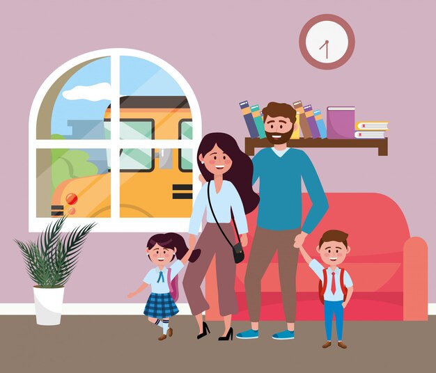 Padres con hijos que van a la escuela
