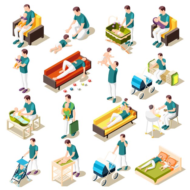 Padres en la licencia de maternidad conjunto de iconos isométricos de paternidad rutina diaria juegos conjuntos caminatas y descanso ilustración aislada