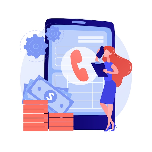 Pagar llamada. Comunicarse a través de un teléfono inteligente. Contacto telefónico, línea de ayuda, atención al cliente. Resolución de problemas con consultor telefónico. Hablar por celular. Ilustración de metáfora de concepto aislado de vector.