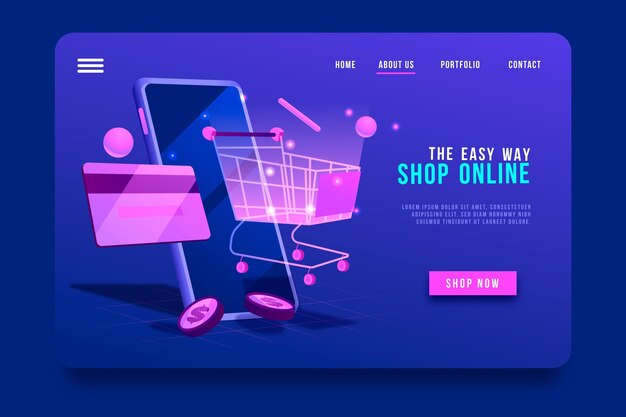 Página de aterrizaje y carrito de compras futuristas en línea