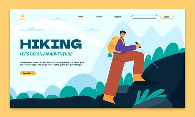 Página de aterrizaje de diseño plano para aventuras de senderismo