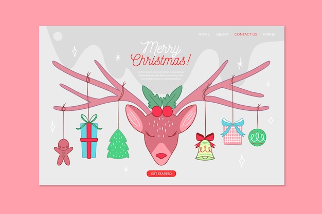 Vector gratuito página de aterrizaje de navidad dibujada a mano con renos rosados