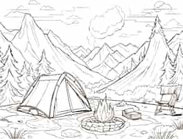 Vector gratuito página de colorear de la ilustración de la aventura de acampada