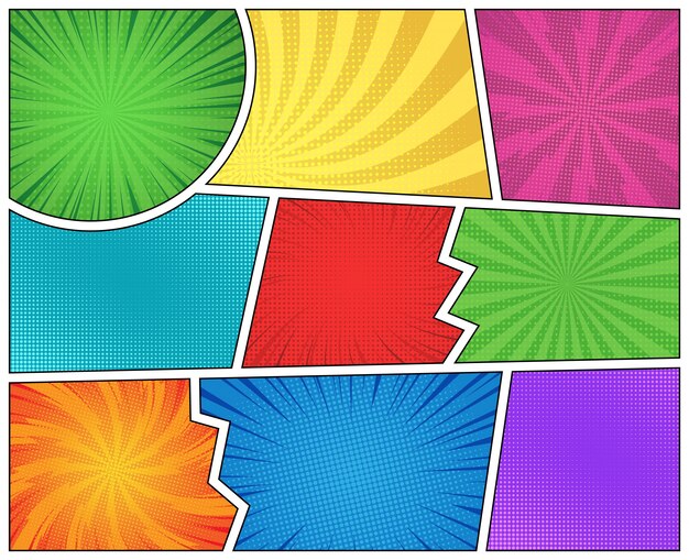 Página de cómic con rayos radiales de medios tonos