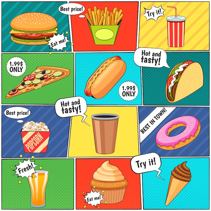 Vector gratuito página de composición de paneles de cómics de comida rápida con globos de habla y fondos coloridos