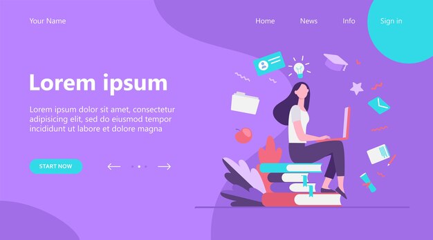Página de destino, estudiante con laptop estudiando en curso en línea. Mujer sentada sobre una pila de libros y usando la computadora. Ilustración de vector de escuela de internet, conocimiento, concepto de educación