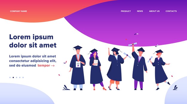 Página de destino, estudiantes diversos felices celebrando la graduación de la escuela o universidades, con diplomas y certificados. Ilustración de vector plano para educación, fiesta universitaria, concepto de éxito académico