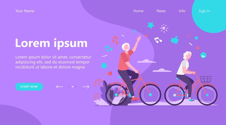 Vector gratuito página de destino, hombre mayor y mujer en bicicleta en el parque de la ciudad. feliz pareja de ancianos de dibujos animados disfrutando de la actividad al aire libre. ilustración de vector de jubilación, estilo de vida activo, edad, concepto de relación