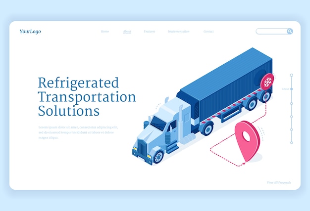 Página de destino isométrica de transporte refrigerado, soluciones de servicio de entrega de camiones. furgoneta nevera con ruta de transporte de carga fría con navegador gps envío de mercancías, distribución banner web 3d