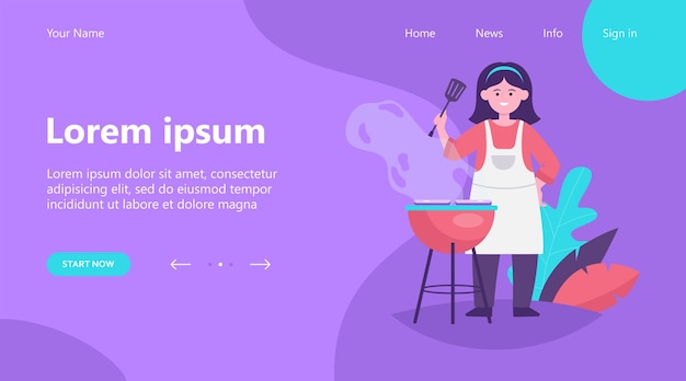 Página de destino, mujer feliz asando carne de barbacoa. Chef mujer en delantal con espátula, cocinando en la ilustración de vector plano jardín. Fiesta de barbacoa, verano, concepto de comida