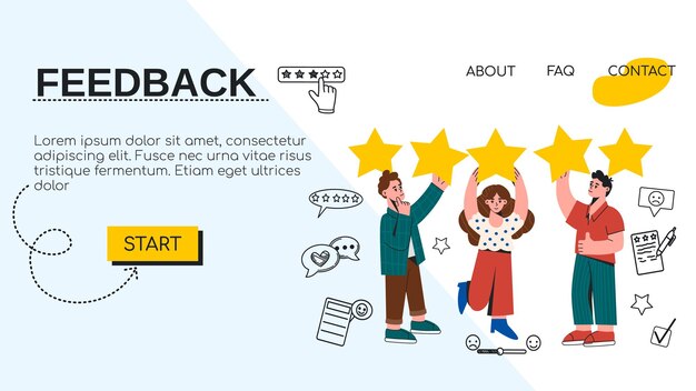 Página de destino de personas con estrellas doradas y reseña positiva.