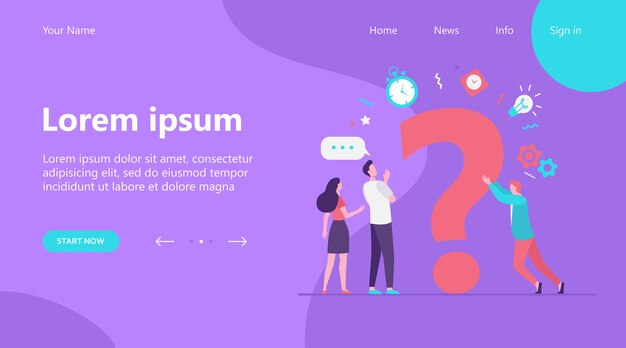 Página de destino, personas que buscan soluciones y piden ayuda. Hombres y mujeres discutiendo un gran signo de interrogación. Ilustración de vector de comunicación, asistencia, concepto de consultoría
