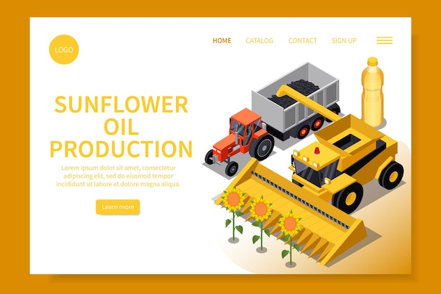 Vector gratuito página de destino del sitio web isométrico de producción de girasol con un conjunto de enlaces de texto en los que se puede hacer clic e ilustración vectorial de maquinaria agrícola