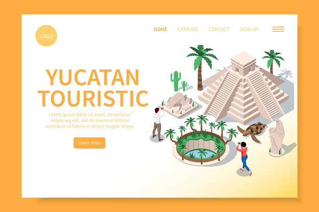 Página de destino del sitio web isométrico de viajes de Yucatán con imágenes de vistas, enlaces en los que se puede hacer clic, texto y botones, ilustración vectorial