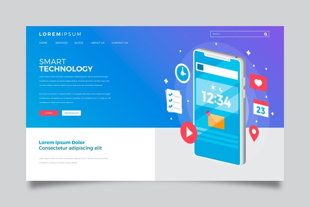 Página de destino con teléfono inteligente con gradiente