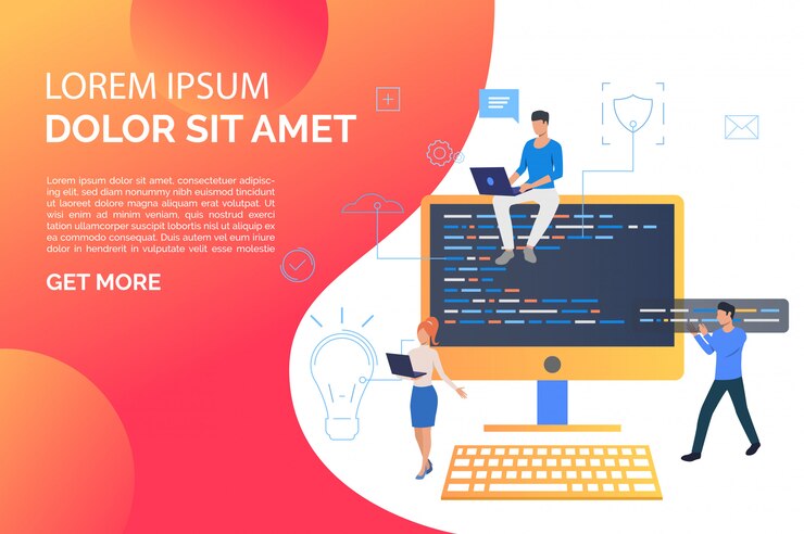 Vector gratuito página de diapositivas con computadora y gente de negocios trabajando en computadora